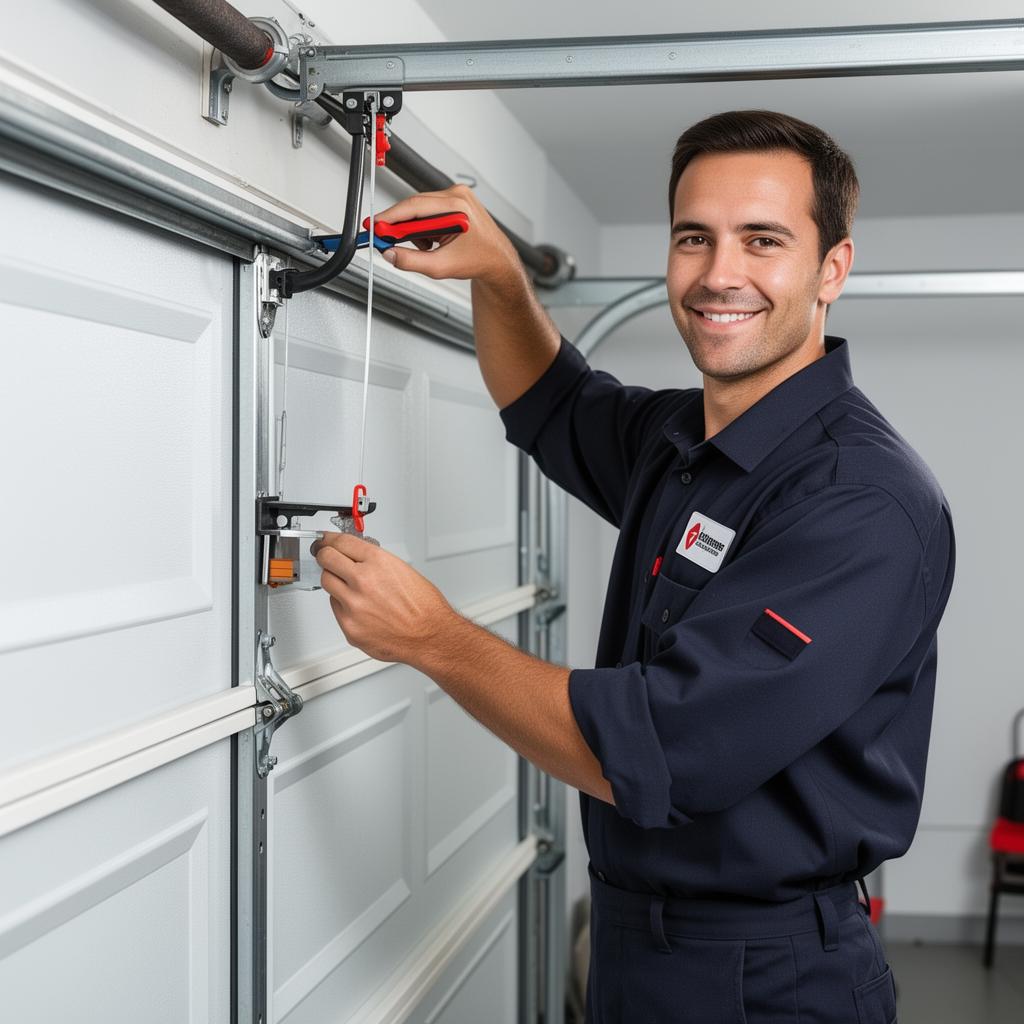 Professional garage door technician adjusting track alignment in Lakebay WA
